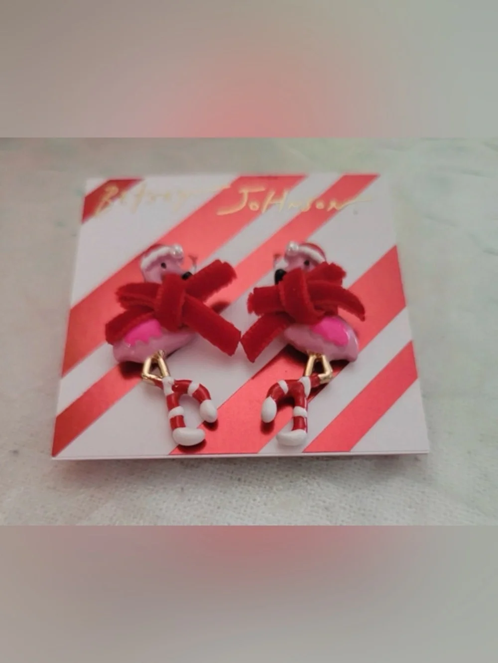 BETSEY JOHNSON Christmas Holiday Red Velvet Ribbon Flamingo Earrings NEW NWT